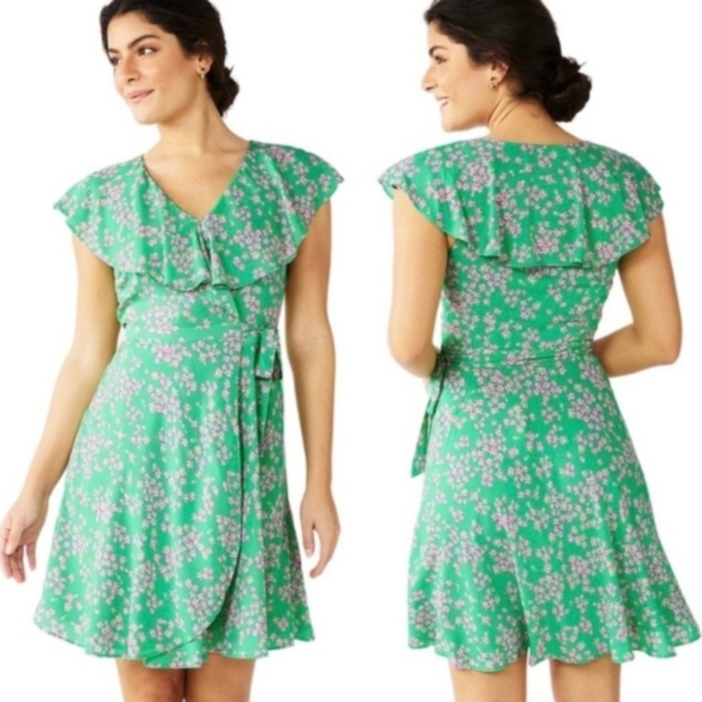 Draper James Green Floral Ruffle Wrap Dress V Neck Summer Casual Party Sundress